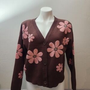 Nikka K Brown Pink Flower Knit Button Up Cardigan Sweater Size L